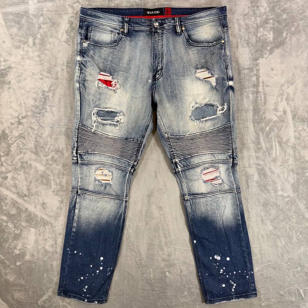 Makobi Moto Biker Jeans Mens Size 40x32 Blue Acid Wash Distressed Pants
